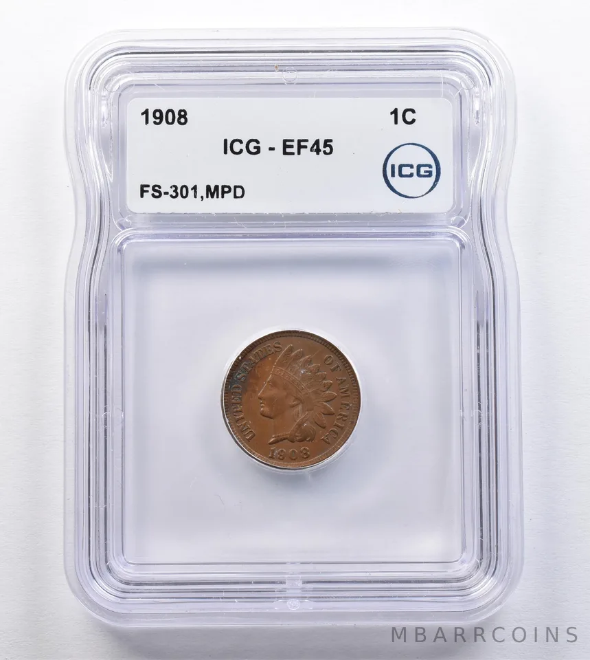 1908 Indian Head Cent FS-301 MPD EF45 ICG *2046