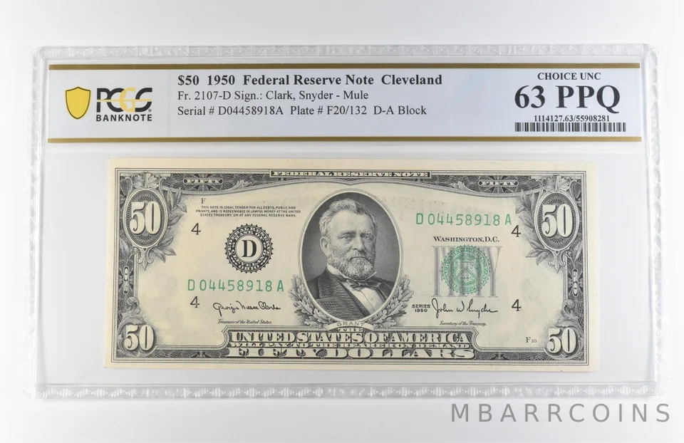 1950 $50 Cleveland OH FRN Fr#2107-D Mule Choice Unc 63 PPQ PCGS *7902