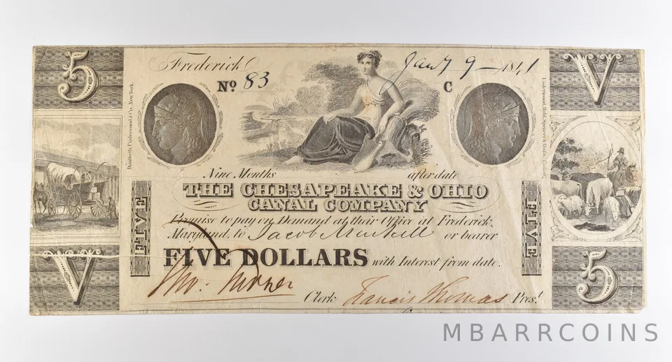 1841 $5 Frederick MD Chesapeake & Ohio Canal Company Obsolete Note *3850