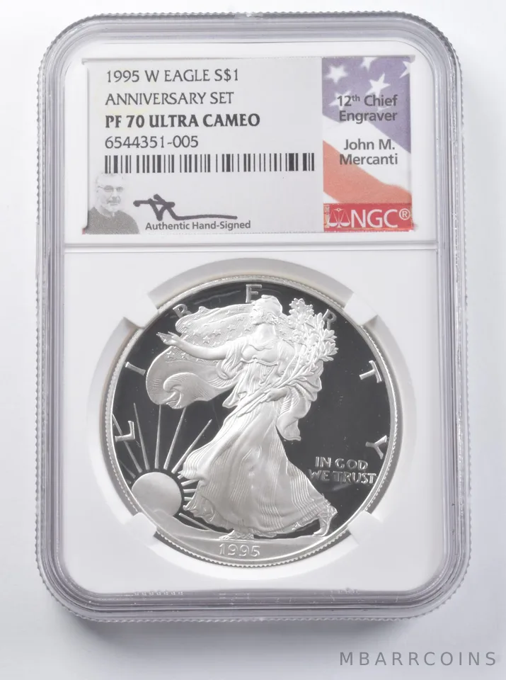 PF70 UCAM 1995-W American Silver Eagle Anniversary Set Signed Mercanti NGC *7278