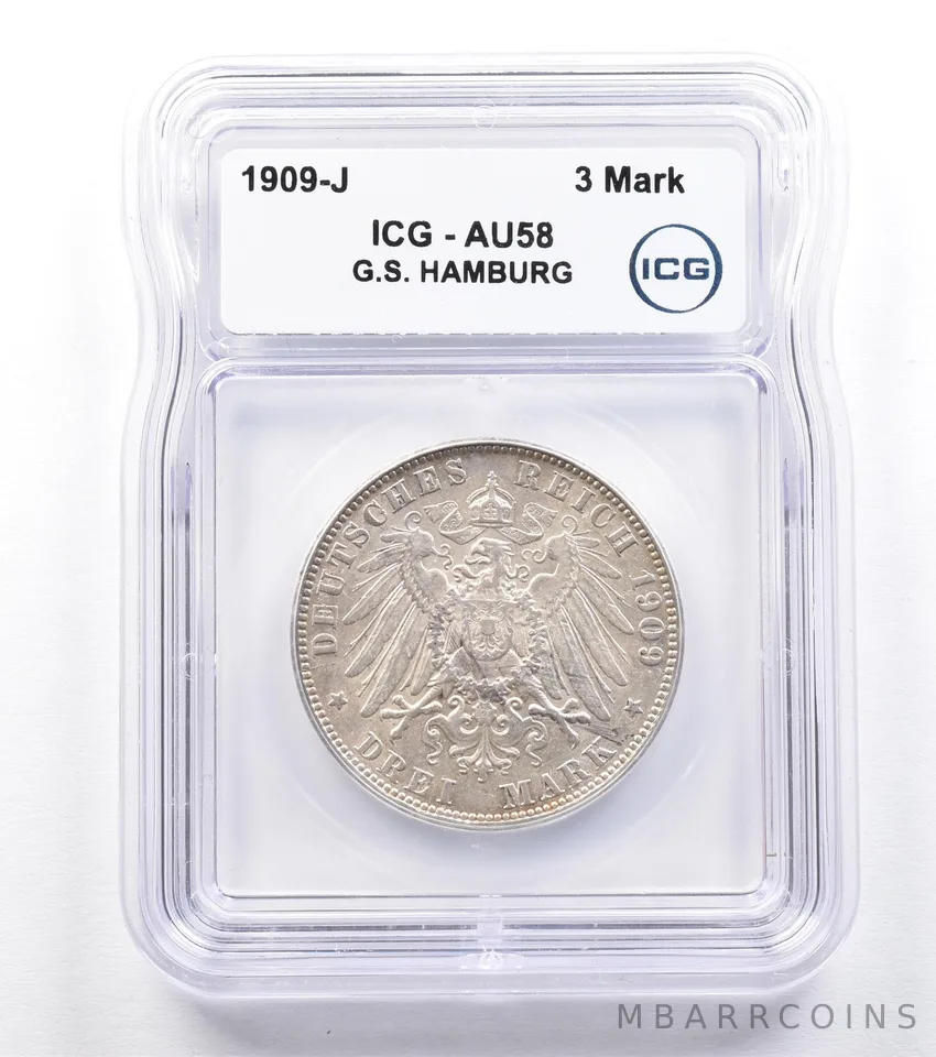 1909 J German States Hamburg 3 Mark AU58 ICG *1828