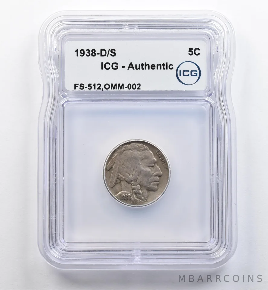 1938-D/S Indian Head Buffalo Nickel FS-512 OMM-002 Authentic ICG *9041