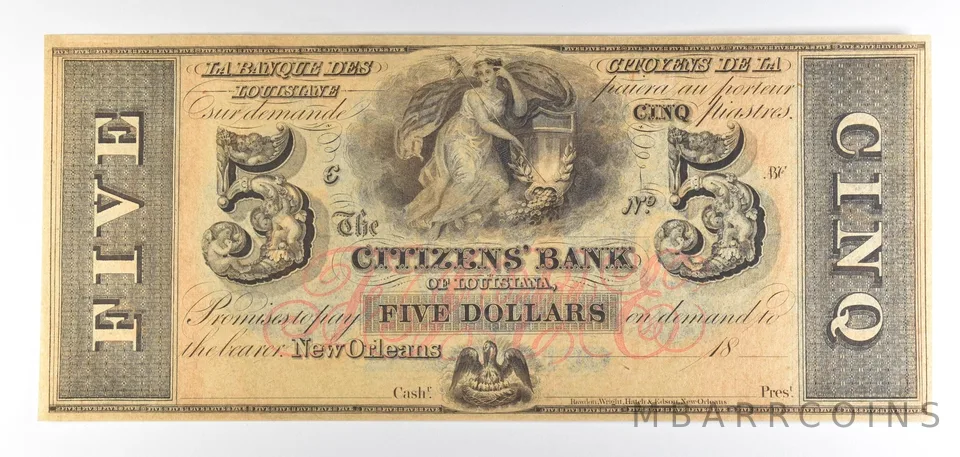 1800s $5 New Orleans LA Citizens Bank Obsolete Note *8845