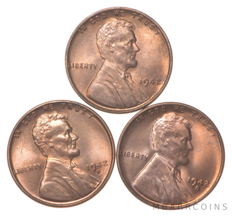 Choice Unc 1942 P+D+S Lincoln Wheat Cent Gem BU Collection Lot Set