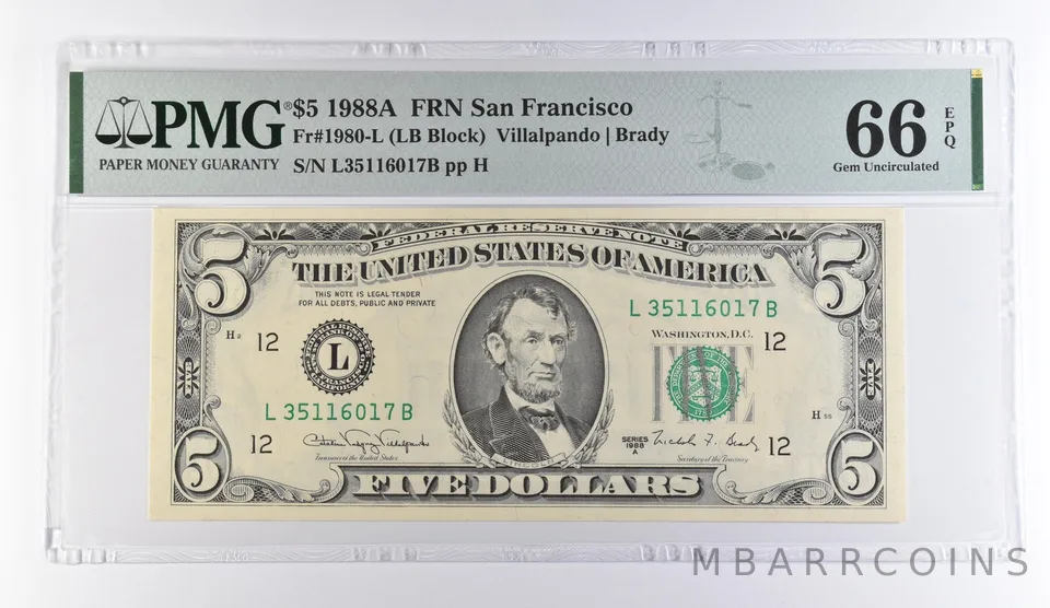 1988 A $5 San Francisco CA FRN Fr#1980-L Gem Unc 66 EPQ PMG *9445