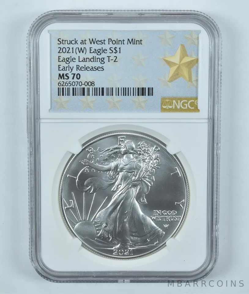 2021-(W) American Silver Eagle Type 2 Struck West Point ER MS70 NGC WP