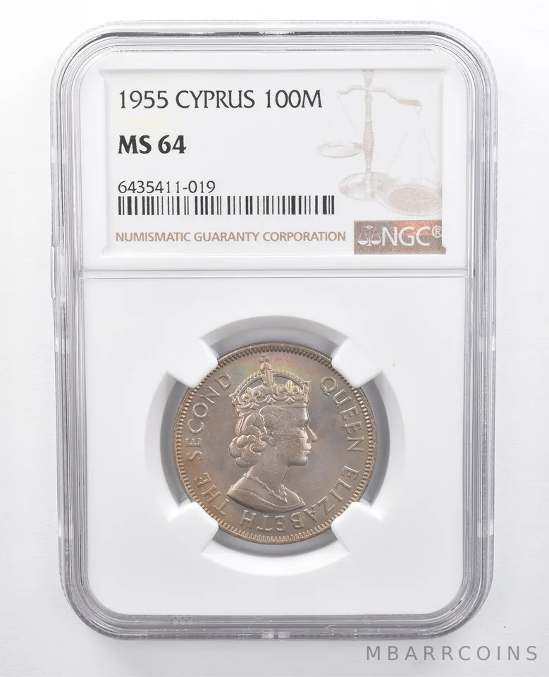1955 Cyprus 100 Mils MS64 NGC Rainbow Tone a7667