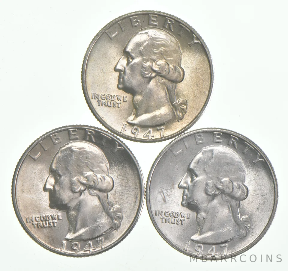 Choice Unc 1947 P+D+S Washington Quarter Gem BU Collection Lot Set