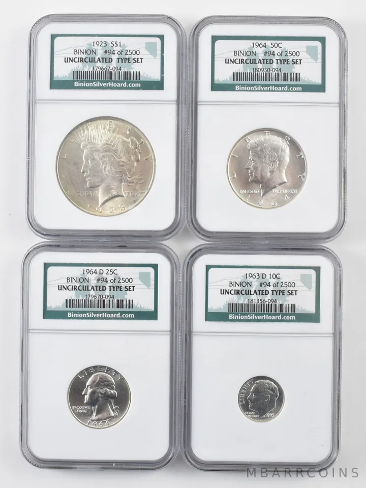 Lot (4) 1923 Peace Silver Dollar/Dime Half Quarter Unc Type Set Binion NGC *9798