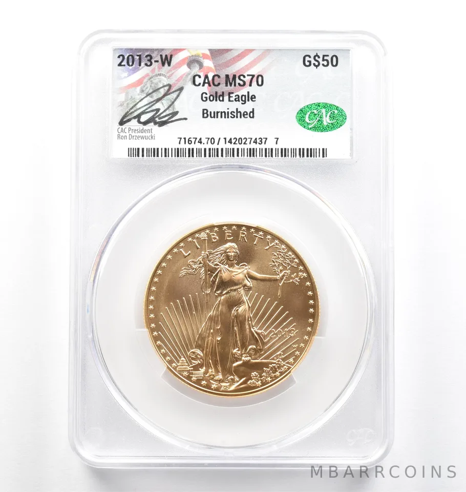 2013-W $50 Burnished Gold Eagle Ron Drzewucki 1 Oz Gold MS70 CAC CACg *9825