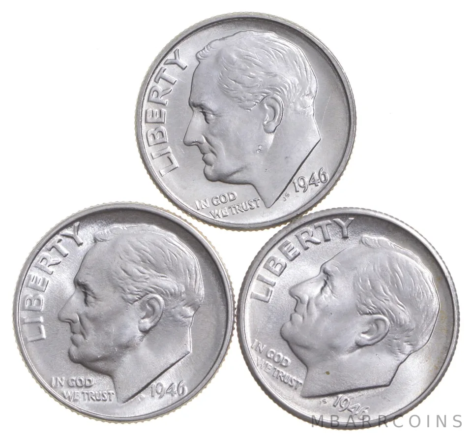 Choice Unc 1946 P+D+S Roosevelt Dime Gem BU Collection Lot Set