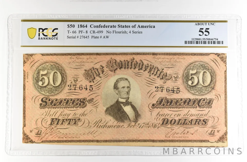 1864 $50 Confederate States America Large Note T-66 PF-8 CR-499 AU 55 PCGS *4201