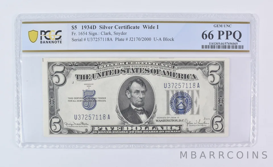 1934 D $5 Silver Certificate Wide I Fr#1654 Gem Unc 66 PPQ PCGS