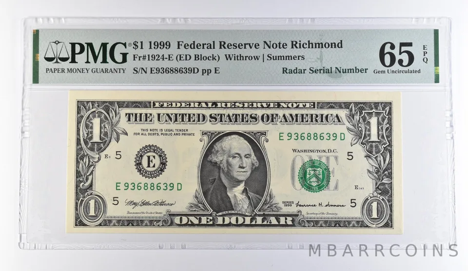 1999 $1 Richmond VA FRN Radar S/N Fr#1924-E Gem Unc 65 EPQ PMG *9488