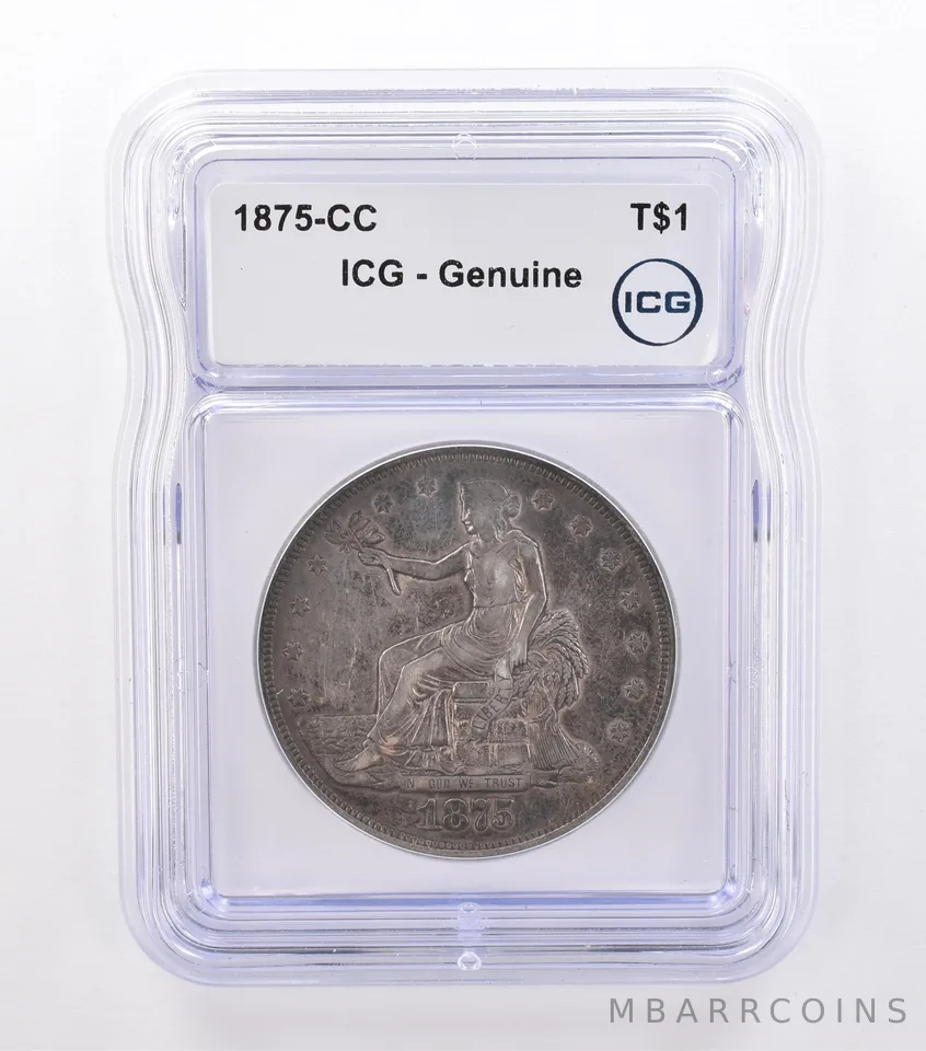 1875-CC Seated Liberty Trade Dollar Genuine ICG Beautiful Tone *9205