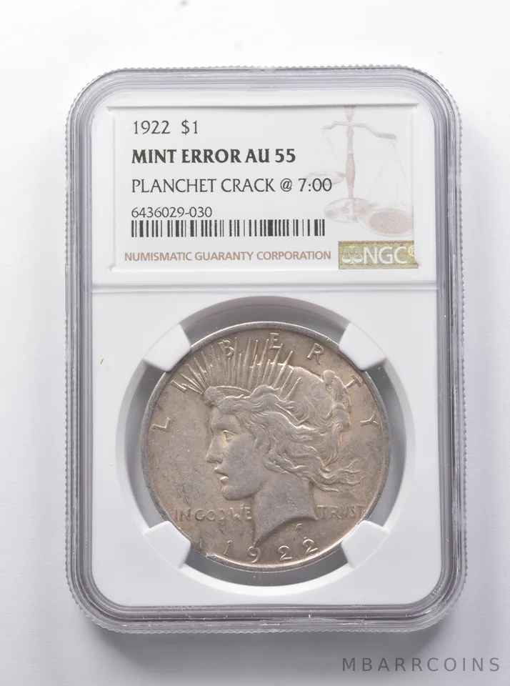 MINT ERROR AU55 1922 Peace Silver Dollar Planchet Crack @ 7:00 NGC a7759