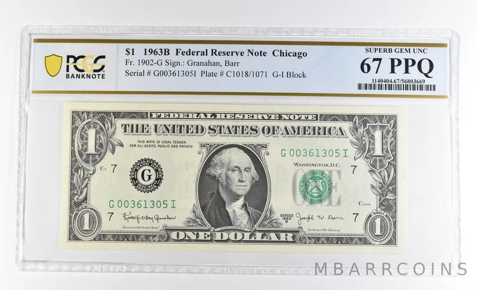 1963 B $1 Chicago IL FRN Fr#1902-G Superb Gem Unc 67 PPQ PCGS *9251