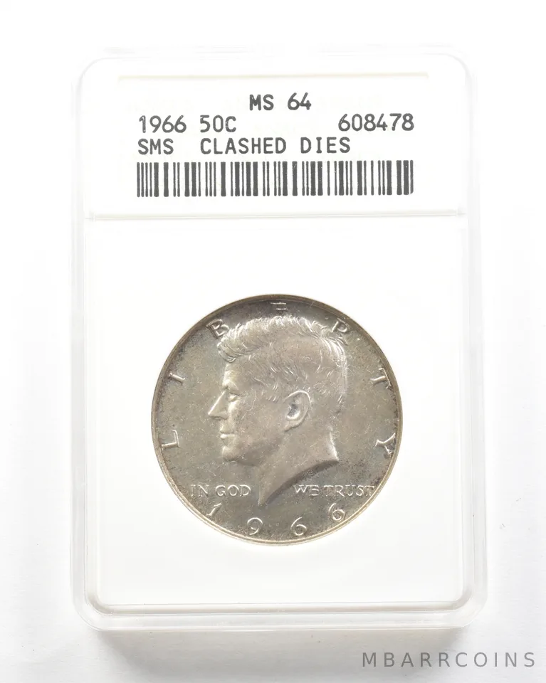 1966 Kennedy Half Dollar SMS Clashed Dies MS64 ANACS *2091