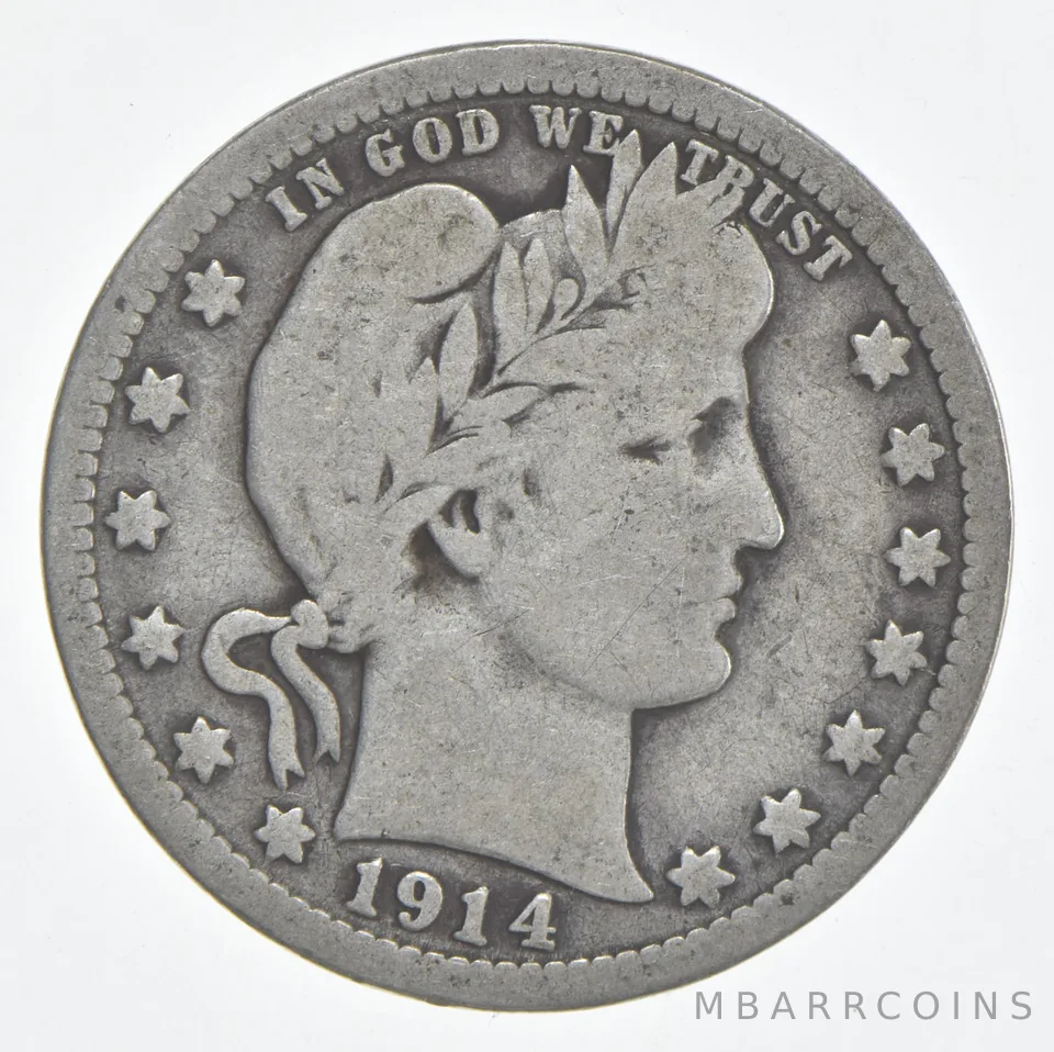 1914 (P) Barber Quarter 90% Silver VG Condition