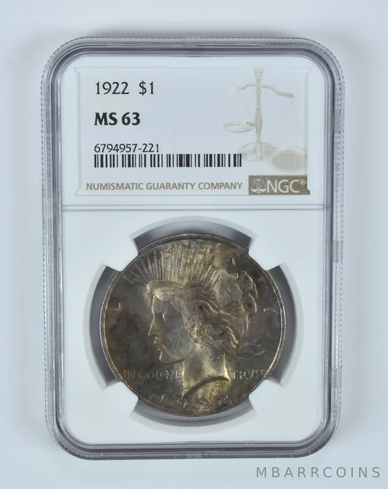 MS63 1922 Peace Silver Dollar NGC Beautifully Toned a9628