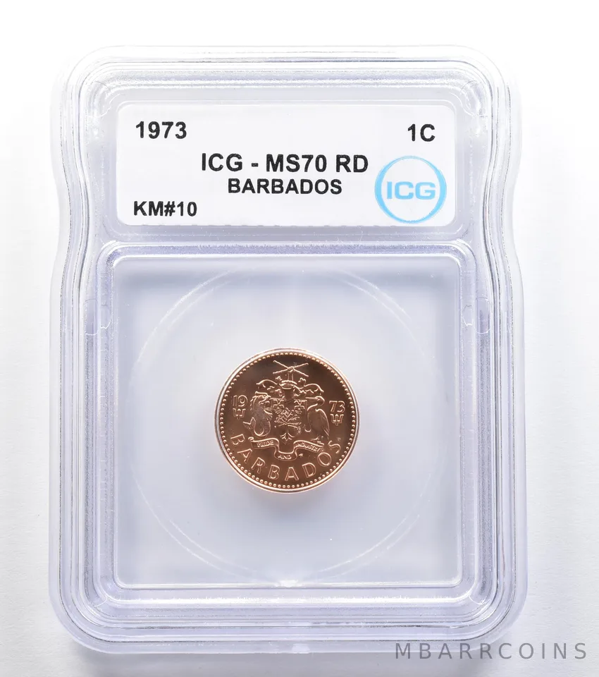 1973 Barbados 1 Cent KM#10 MS70 RD ICG *7996