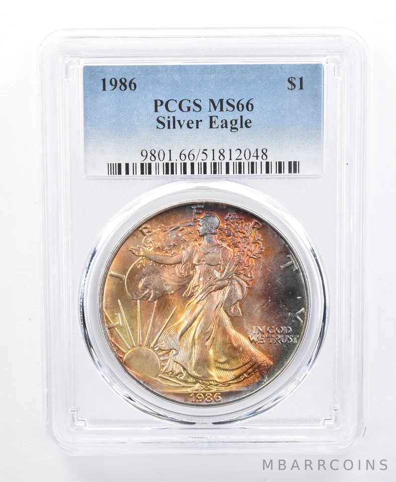 1986 American Silver Eagle MS66 PCGS Rainbow Tone *8621