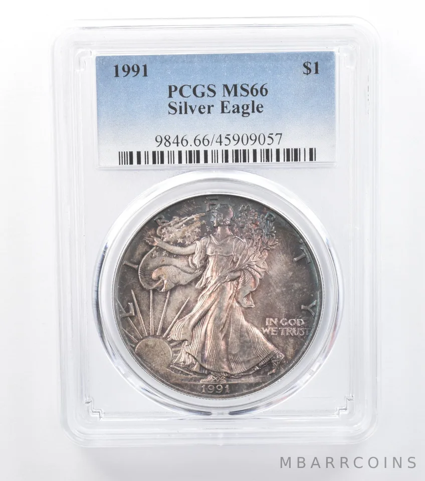 1991 American Silver Eagle MS66 PCGS Blue/Purple Tone *7756