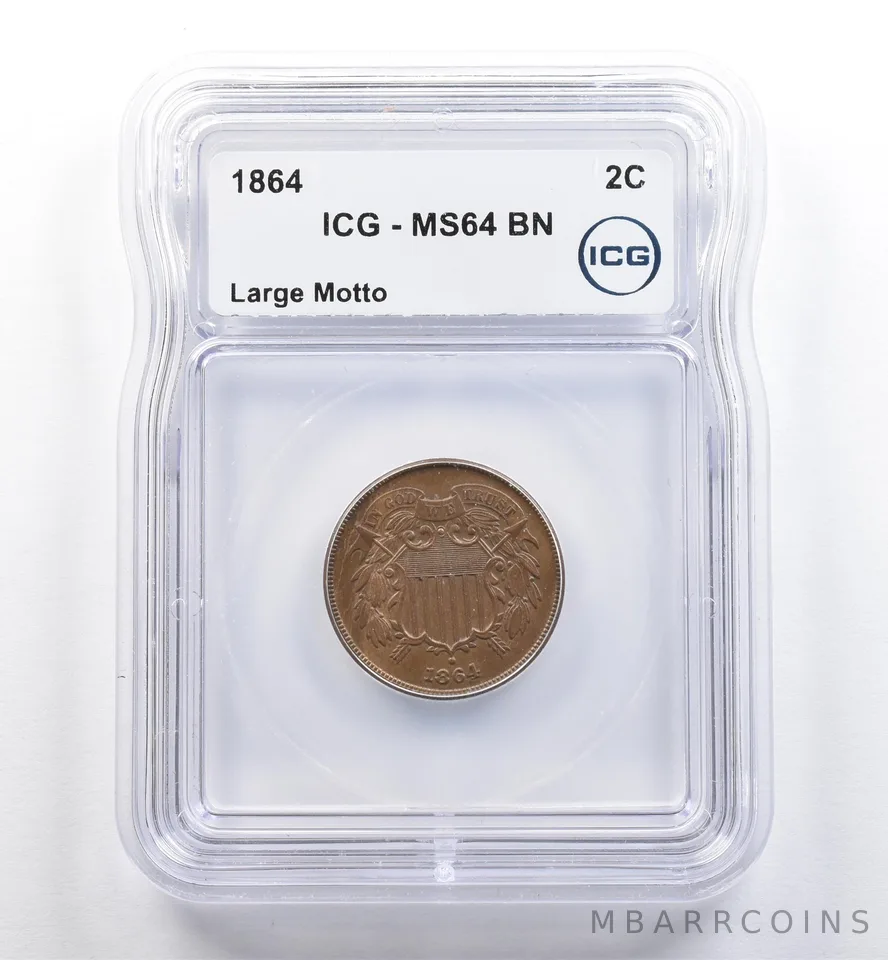 1864 Shield Two Cents Large Motto MS64 BN ICG *6417