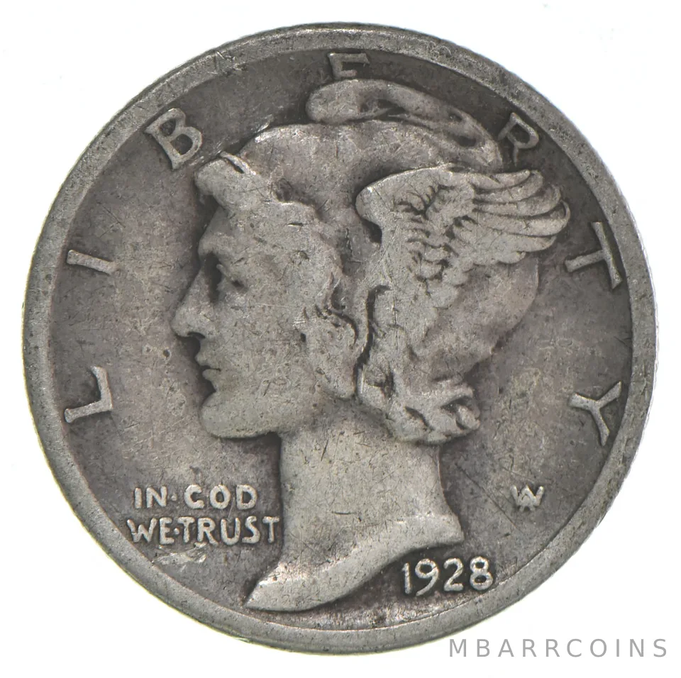 VG+ 1928-D Mercury 90% Silver Dime