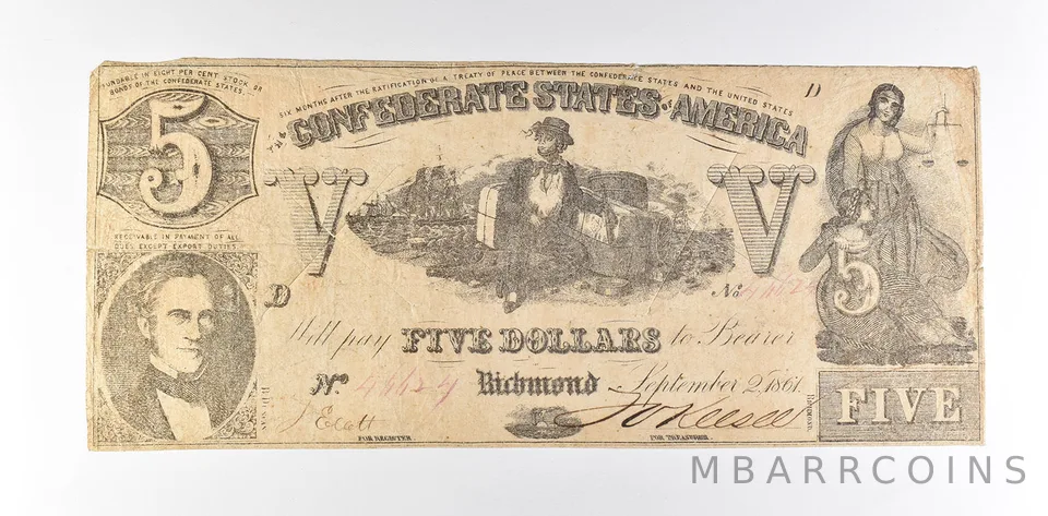 1861 $5 Confederate States Of America T-37 Large Note *8575