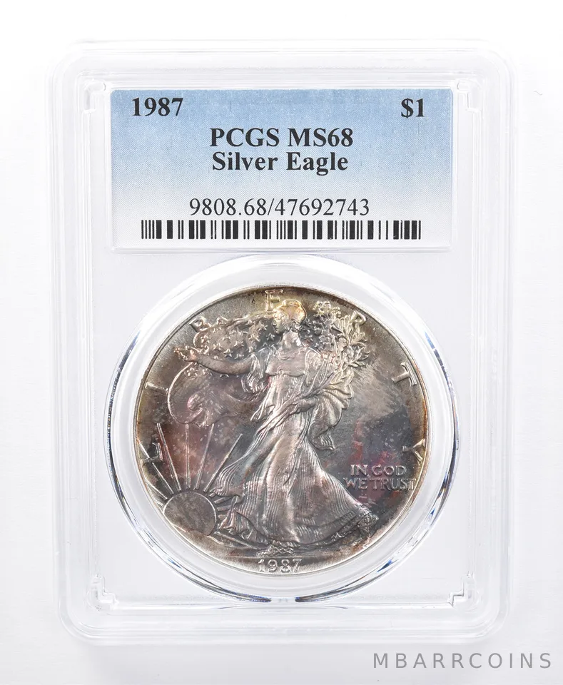 1987 American Silver Eagle MS68 PCGS Blue/Purple Tone *8662
