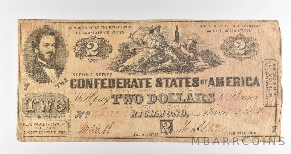 1862 $2 Richmond VA Confederate States Of America Obsolete Note *3924