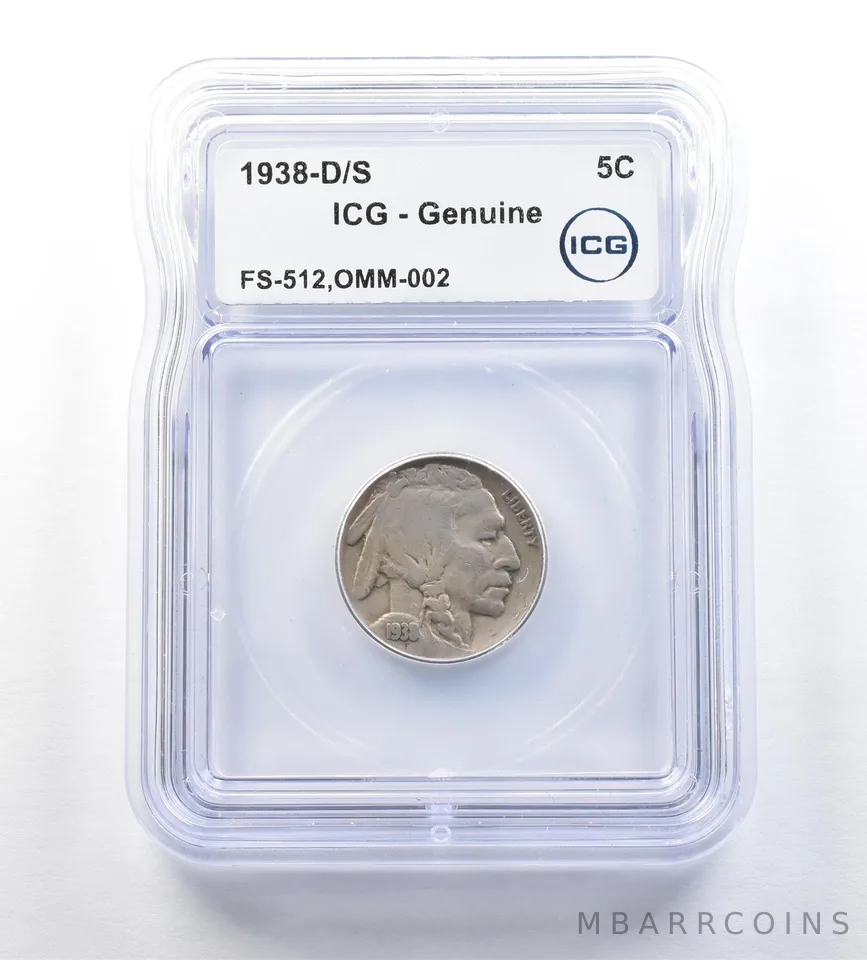 1938-D/S Indian Head Buffalo Nickel FS-512 OMM-002 Genuine ICG *0662