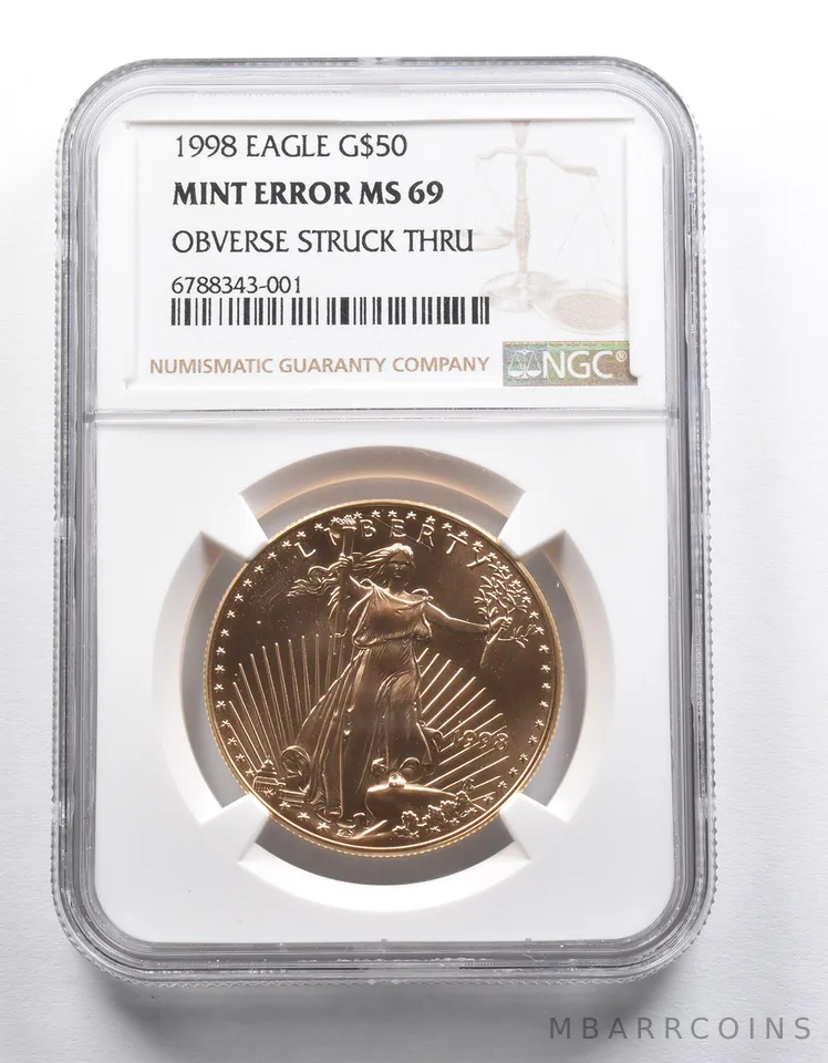 Mint Error MS69 1998 $50 American Gold Eagle 1 Oz Gold OBV Struck Thru NGC *2300