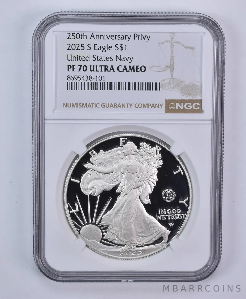 2025-S American Silver Eagle Navy 250th Anniversary Privy PF70 UCAM NGC