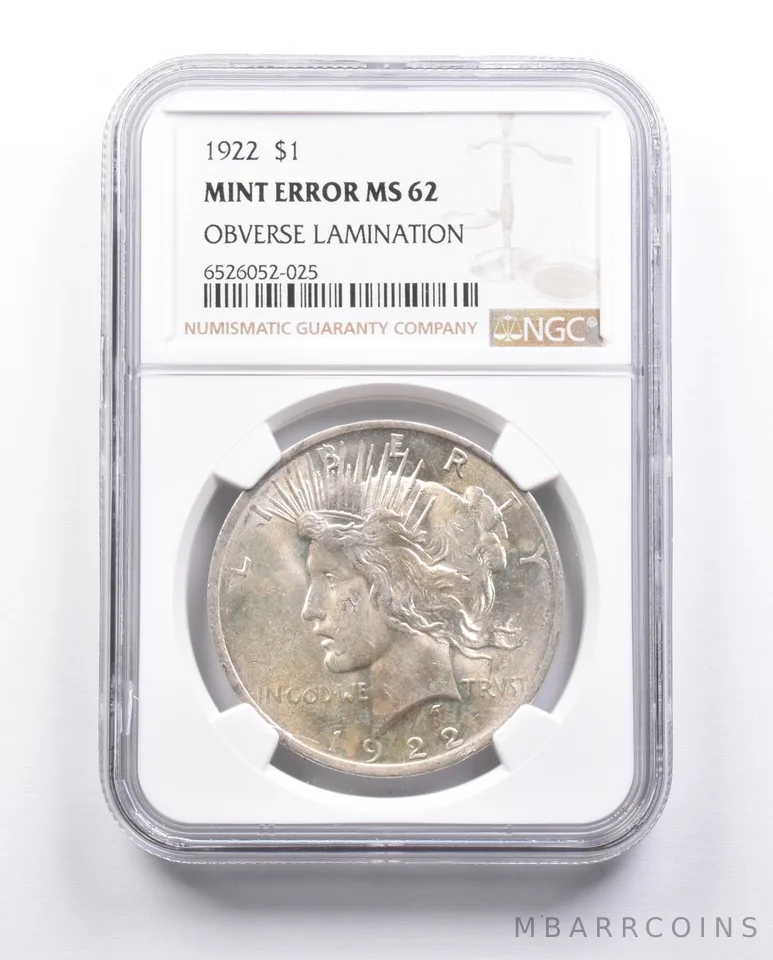 MS62 1922 Peace Silver Dollar Error OBV Lamination NGC *6640