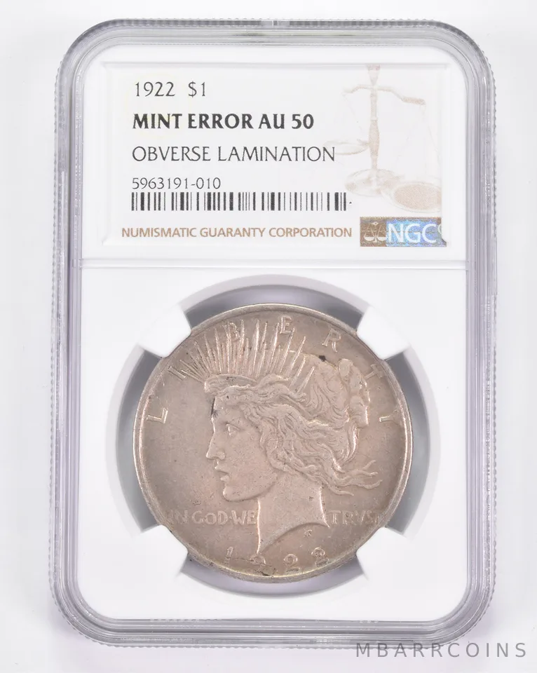 Mint Error AU50 1922 Peace Silver Dollar - OBV Lamination - Graded NGC *8852