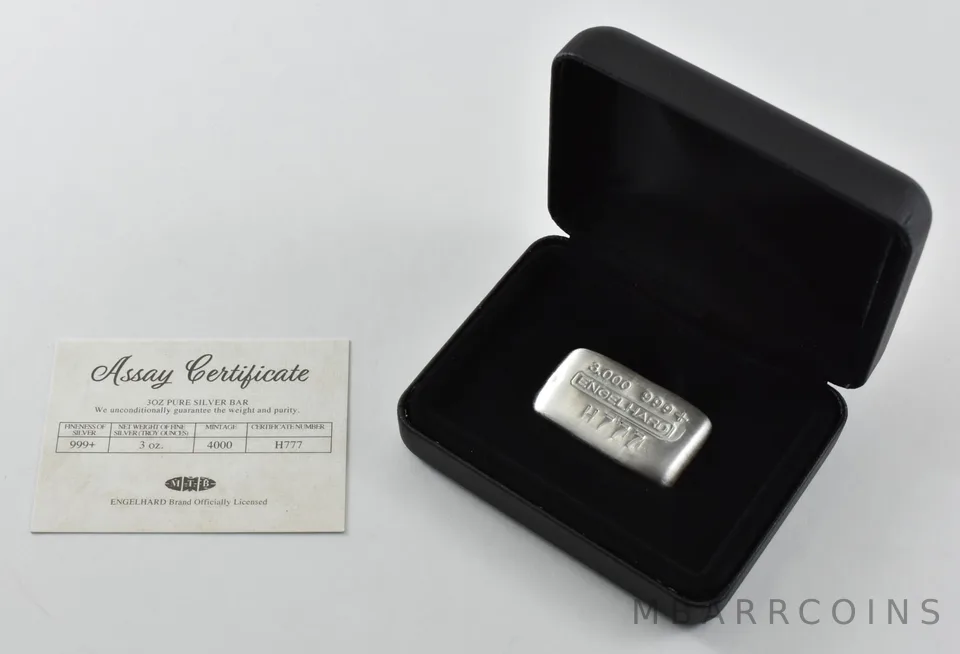 3 Oz Silver Bar Engelhard W/ Box & COA 777 Serial *5030
