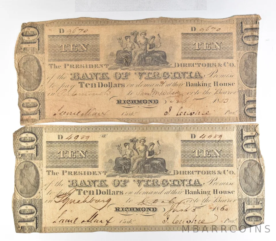 (2) 1853 & 1860 $10 Richmond VA Bank Of Virginia Obsolete Note *8822
