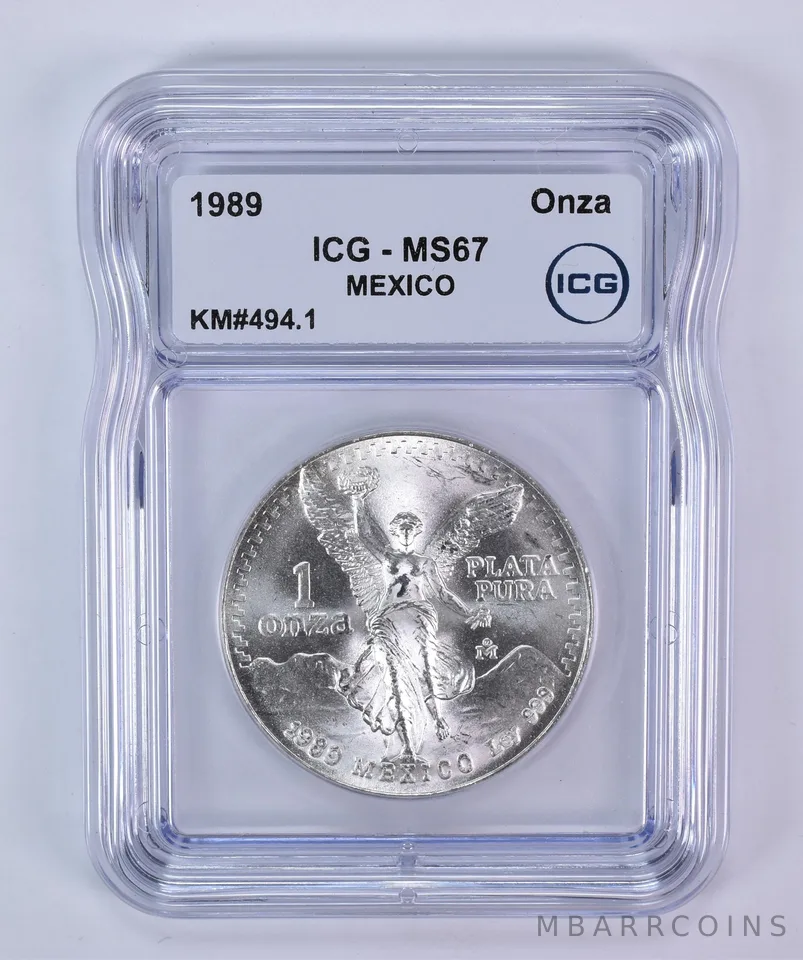 1989 Mo Mexico 1 Onza Silver Libertad KM#494.1 MS67 ICG