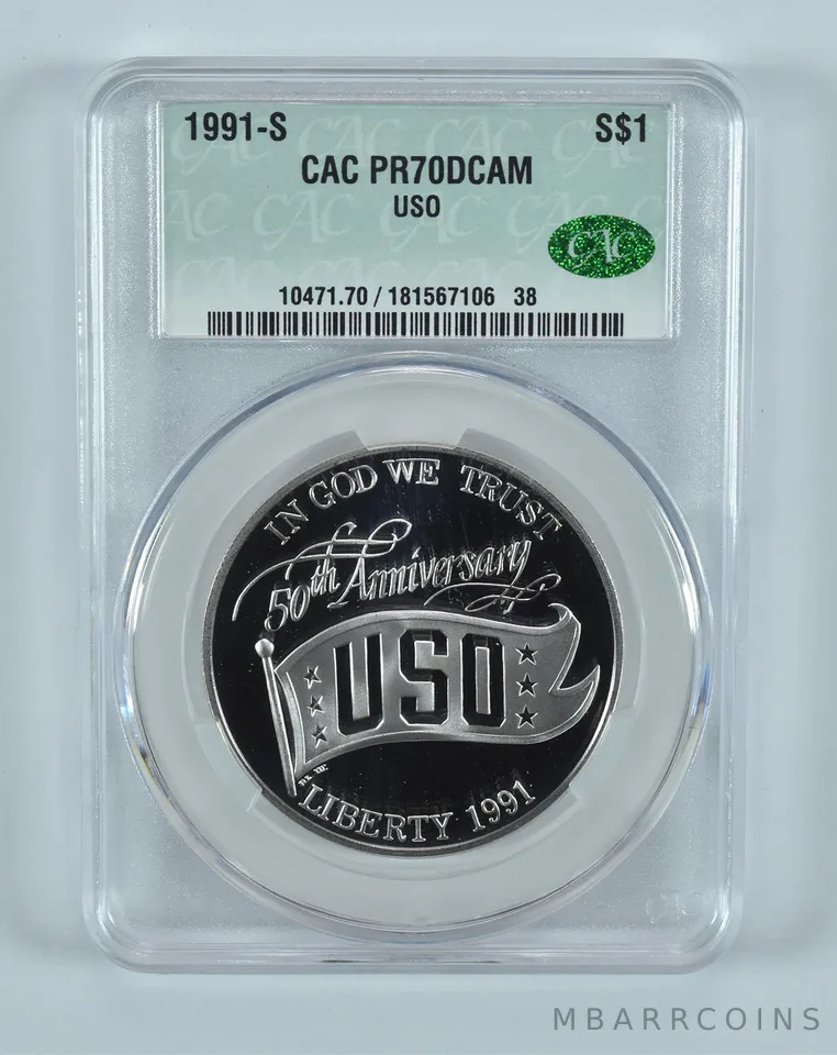 1991-S USO Anniversary Commemorative Silver Dollar PR70 DCAM CAC CACg