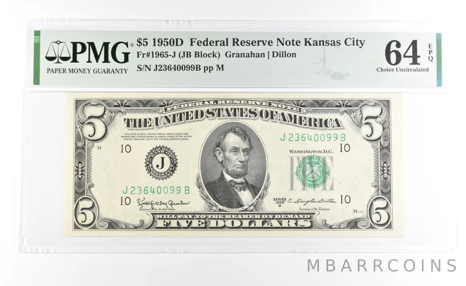PMG 64 Unc EPQ 1950 D $5 Kansas City, MO US FRN Green Seal Fr#1965-J a1033