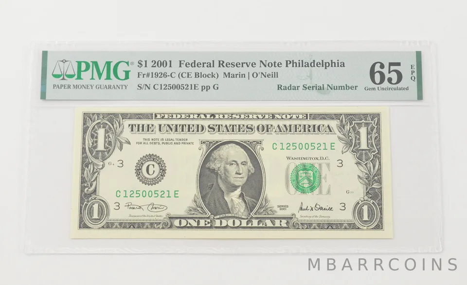 Gem UNC 65 EPQ 2001 $1 FRN Philadelphia - FR#1926-C PMG a6599
