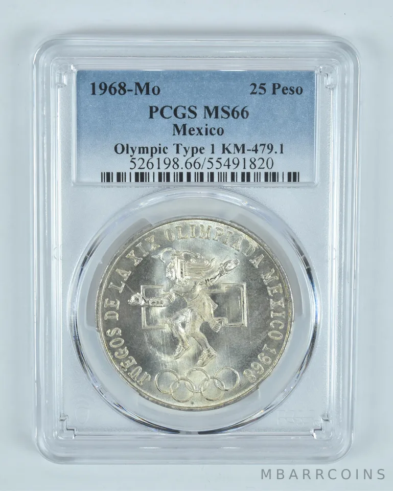 1968 Mo Mexico 25 Pesos Olympic Type 1 MS66 PCGS Blue Label