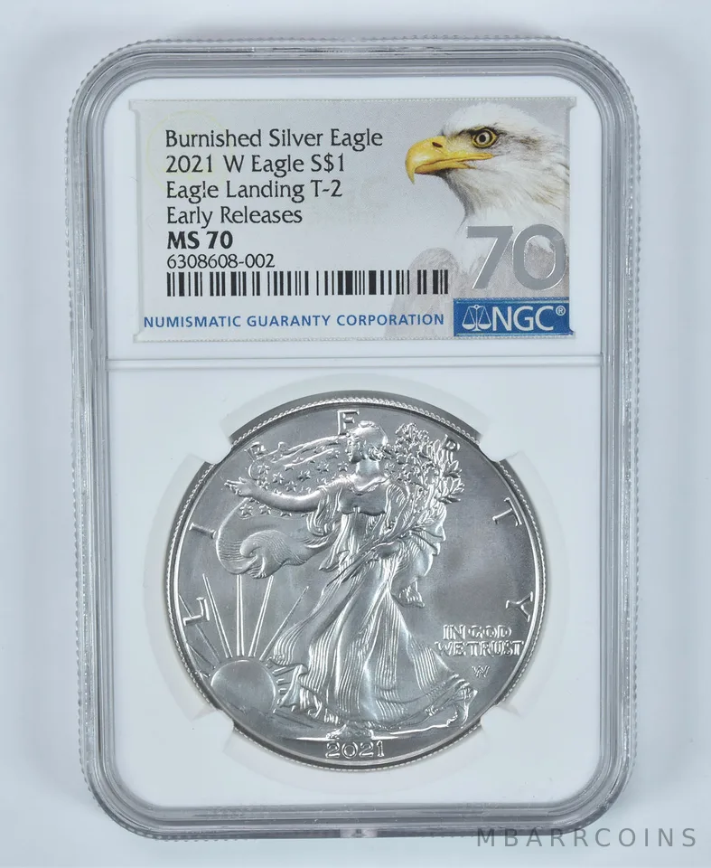 2021-W Burnished Silver Eagle Type 2 Early Releases MS70 NGC Eagle Label
