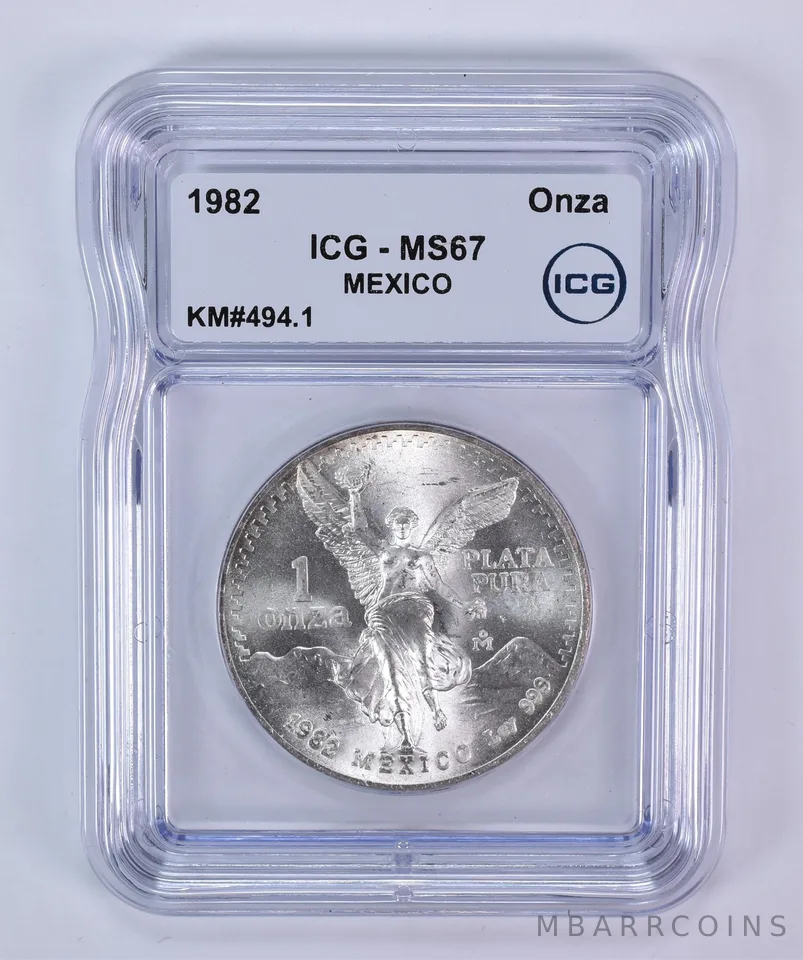 1982 Mo Mexico 1 Onza Silver Libertad KM#494.1 MS67 ICG