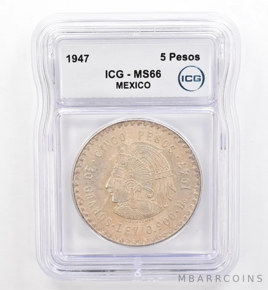 1947 Mo Mexico 5 Pesos MS66 ICG Beautiful Tone *9490