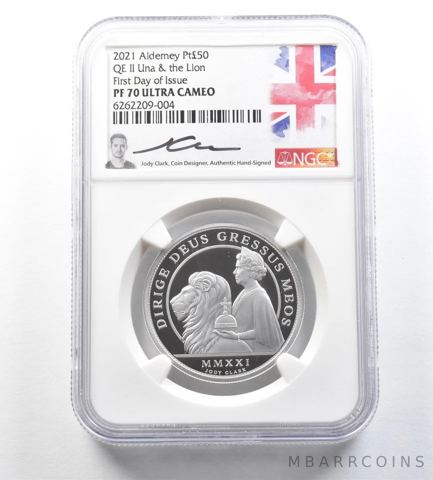 2021 Alderney 50 Pounds Platinum Una & Lion FDOI Jody Clark Sign PF70 NGC a0635