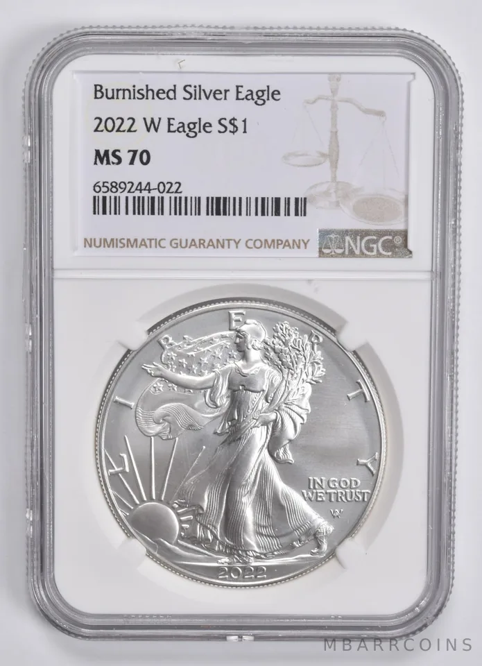 2022-W BURNISHED SILVER EAGLE MS70 NGC CLASSIC BROWN LABEL
