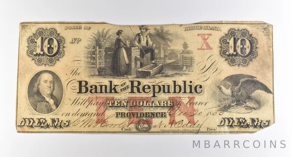 1855 $10 Providence RI Bank Of The Republic Obsolete Note *3764